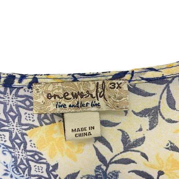 One World Live and Let Live Blouse Plus Sz 3X Blue Yellow Sheer 3/4 Sleeve Boho - Picture 9 of 12